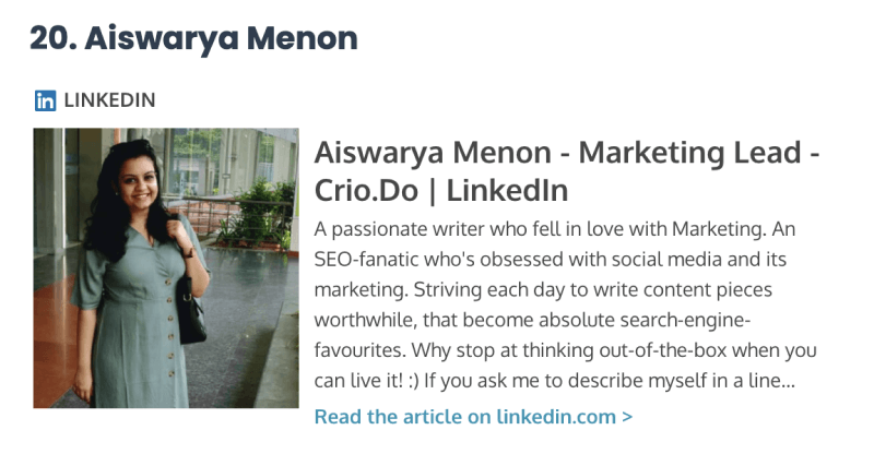 Featured in Top 100 Content Writers Of India, Linkedin
                      Profile Rating List.